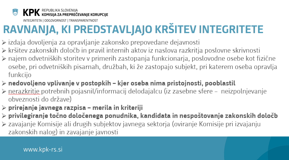 Ravnanja, ki predstavljajo kršitev integritete